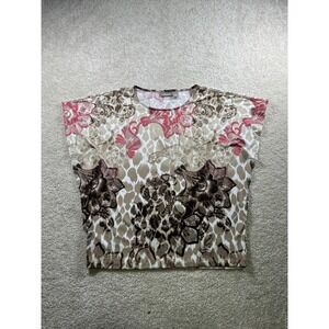 Chicos Shirt Womens Size 1 Medium Brown Beige Red Floral Abstract Stretch Top